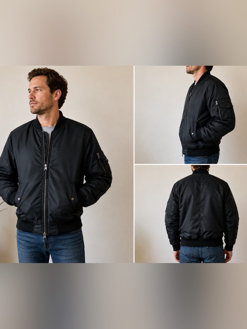 Fabletics Men’s Bomber Jacket Black Nylon Flight Jacket MA-1 Utility Zip